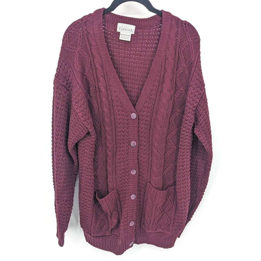 Y2K Fisherman Cardigan‎ Womens Medium Burgundy Cable Knit Button Chunky Sweater